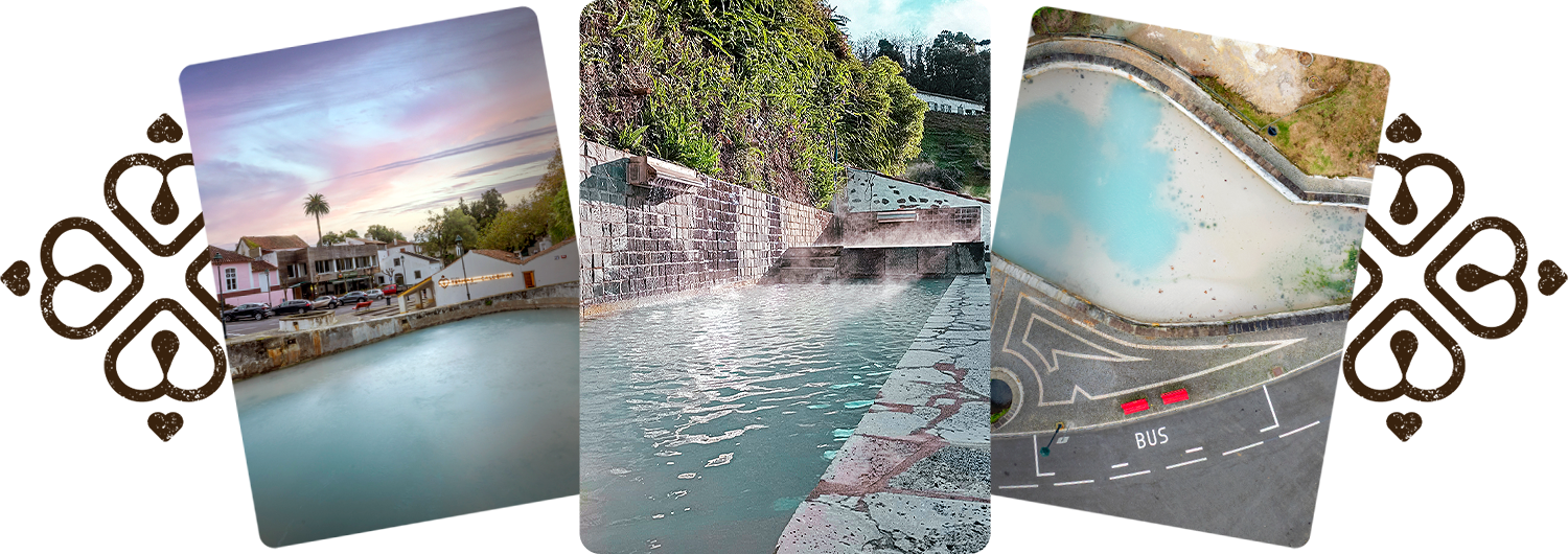 Montagem de fotografias das Termas das Caldeiras e das suas piscinas termais